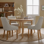 Oak Furnitureland Durham Natural Oak Round Dining Table 120cm + 4 Zola Chairs in Conway Stone Fabric with Oak leg - Image 5